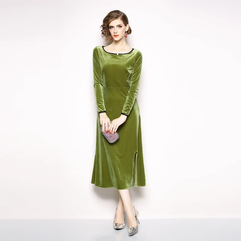 Vestidos размера плюс повседневное зеленое бархатное платье женское Hiver зимнее миди