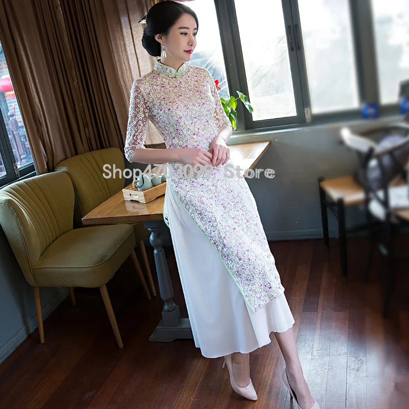 2019 традиционный Азиатский костюм Цветочный вьетнамский Стиль длинное платье