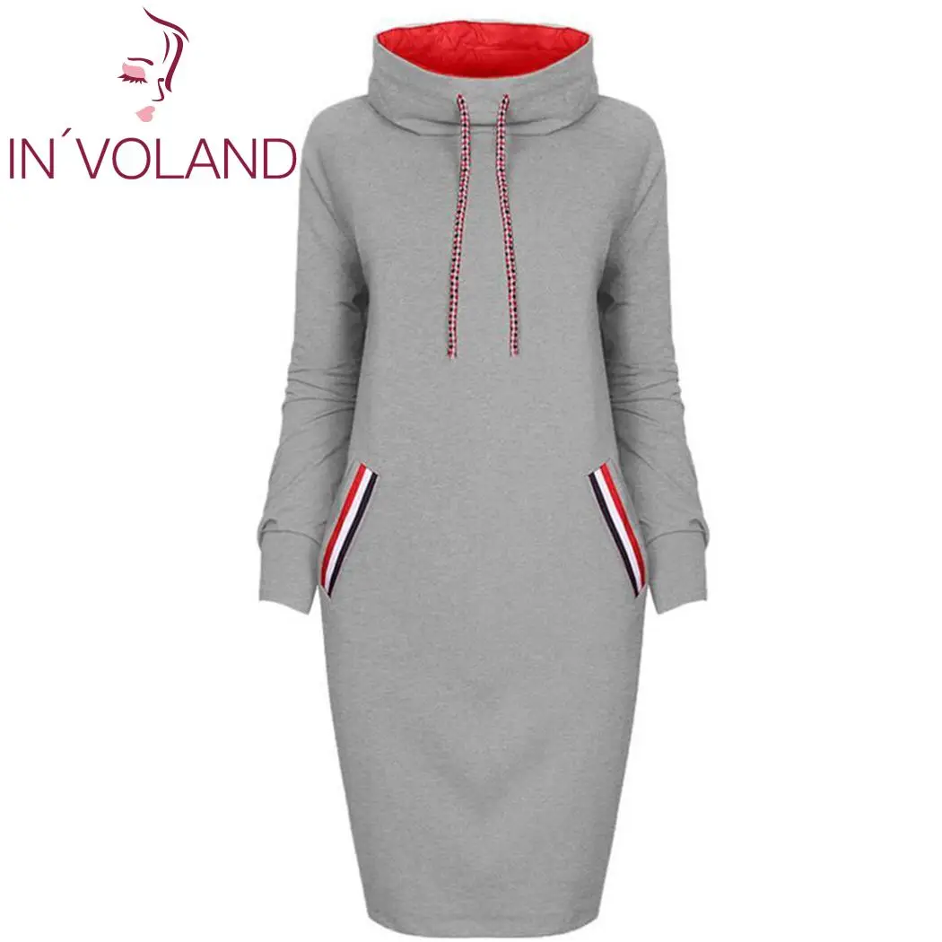 Женское модное платье свитер с капюшоном длиной до колена в полоску карманами и