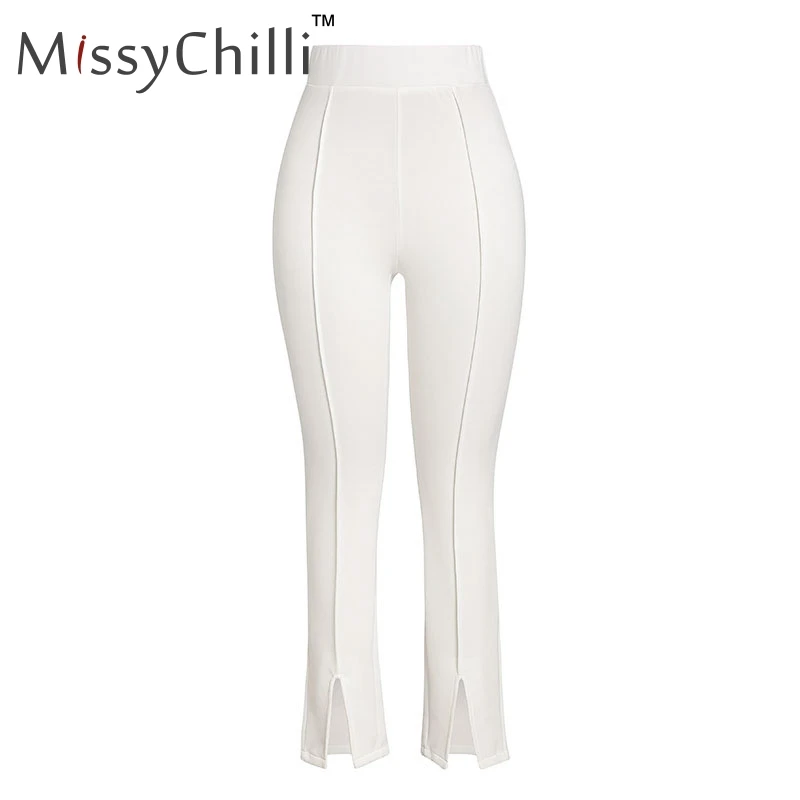 Белый MissyChilli Высокая талия хаки однотонные повседневные брюки женские облегающие Сплит Модные брюки женские черные элегантные офисные вечерние штаны - Цвет: Белый
