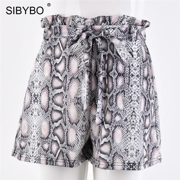 As Shown Женские широкие шорты со змеиным принтом Sibybo, повседневные короткие шорты с завышенной талией с поясом на лето - Цвет: As Shown