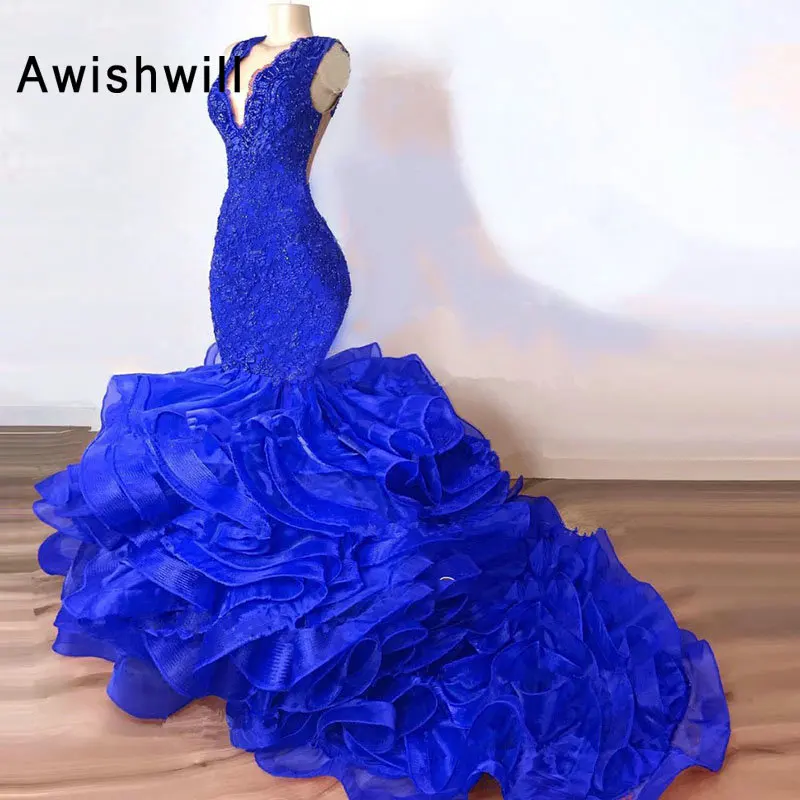 

Luxury Royal Blue Lace Beaded Mermaid Prom Dresses 2020 Ruffles Long Prom Formal Gowns Sexy Party Dress Vestido Formatura
