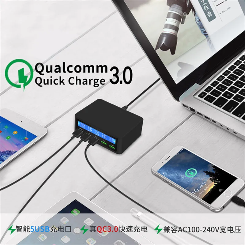 Быстрая зарядка 3,0 Смарт 5 портов USB зарядное устройство для телефона светодиодный дисплей быстрое зарядное гнездо питания адаптер полоса станция для iPhone SAMSUNG