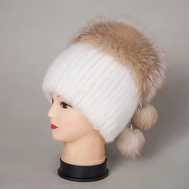 Зимние шапки 2018 из меха норки шапки-бини Меха чернобурки шапка с помпоном