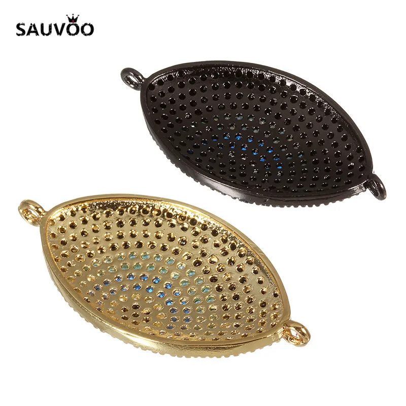SAUVOO 2pcs/lot Copper Black Gold Color Zircon Crystal Rhinestone Fatima Eye Bracelet Charms Connector 17*33mm DIY Jewelry | Украшения и