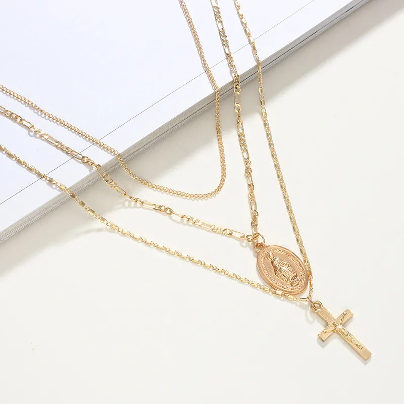 

Women Multi Layer Jesus Cross Pendant Necklace Fashion Gold Color Chain Necklace Statement Gift