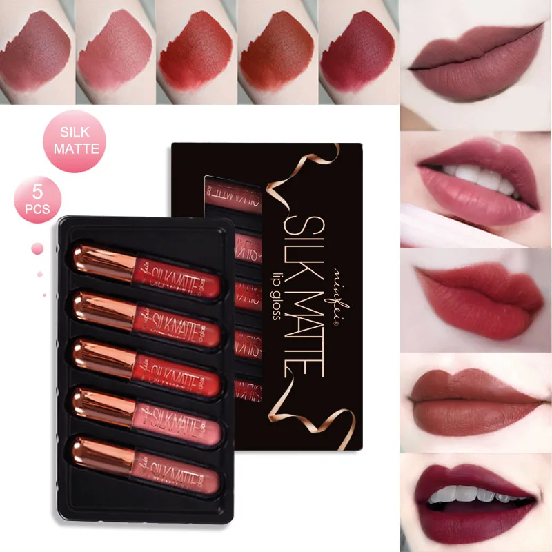 5 шт./компл. матовый набор для макияжа жидкая губная помада стойкий