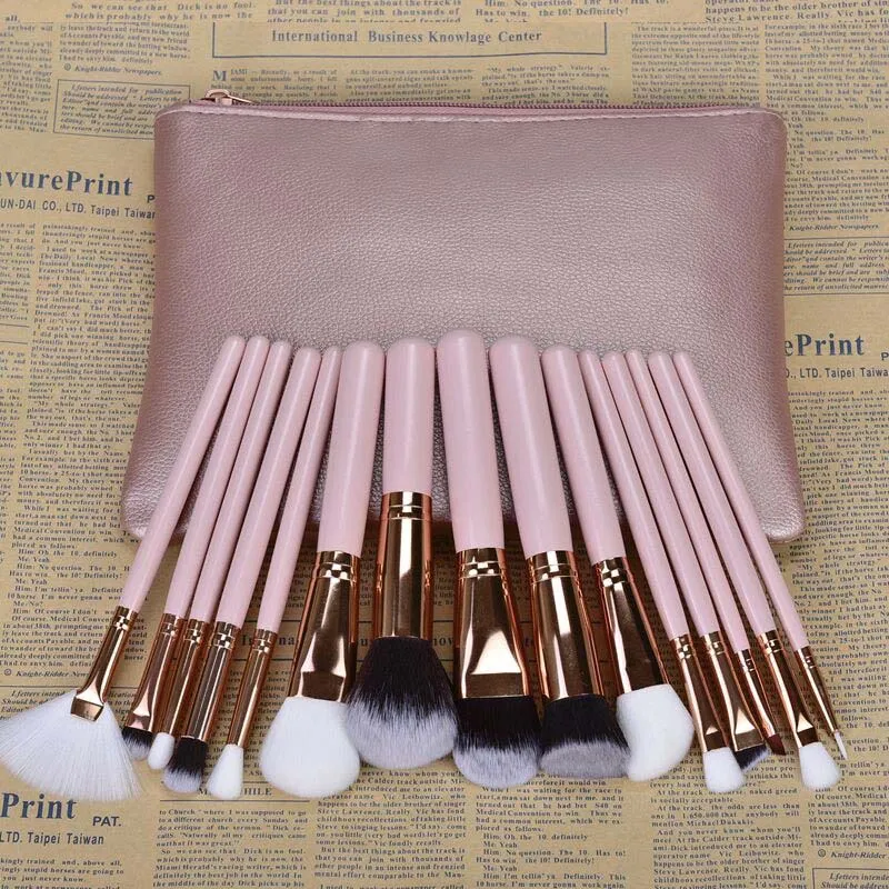 15pcs Pink with bag 15 шт. розовый набор кистей для макияжа Pincel пудра для макияжа глаз Кабуки полный комплект косметических средств для красоты с кожаный чехол - Handle Color: 15pcs Pink with bag