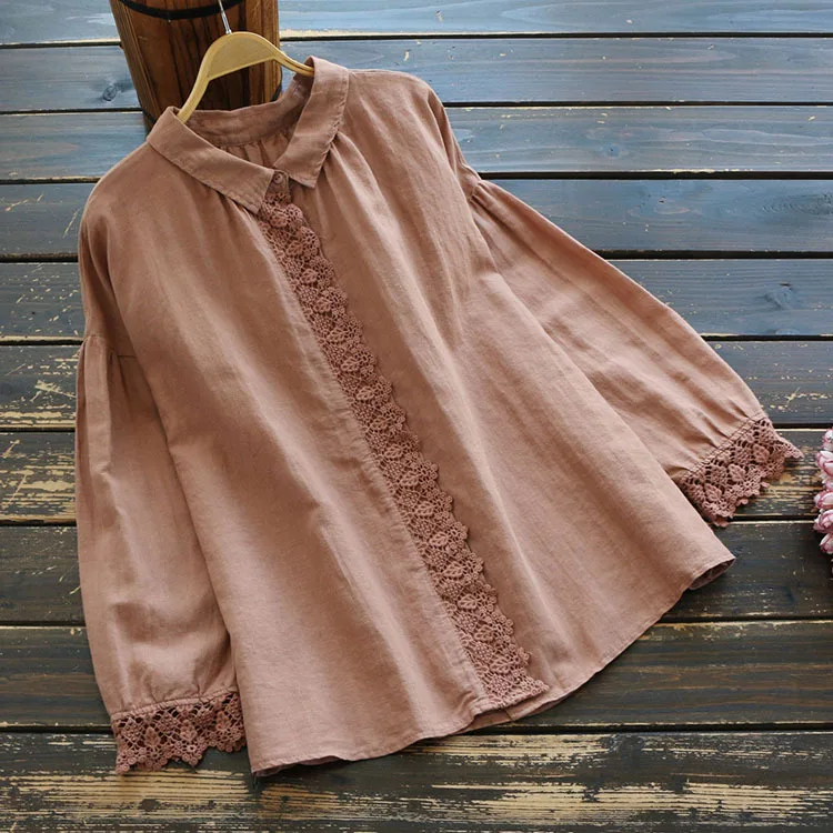 pink 5802 весенние женские винтажные кружевные однотонные Длинные рукава отложной воротник в японском стиле свободные хлопковые и льняные рубашки Топы женские - Цвет: pink