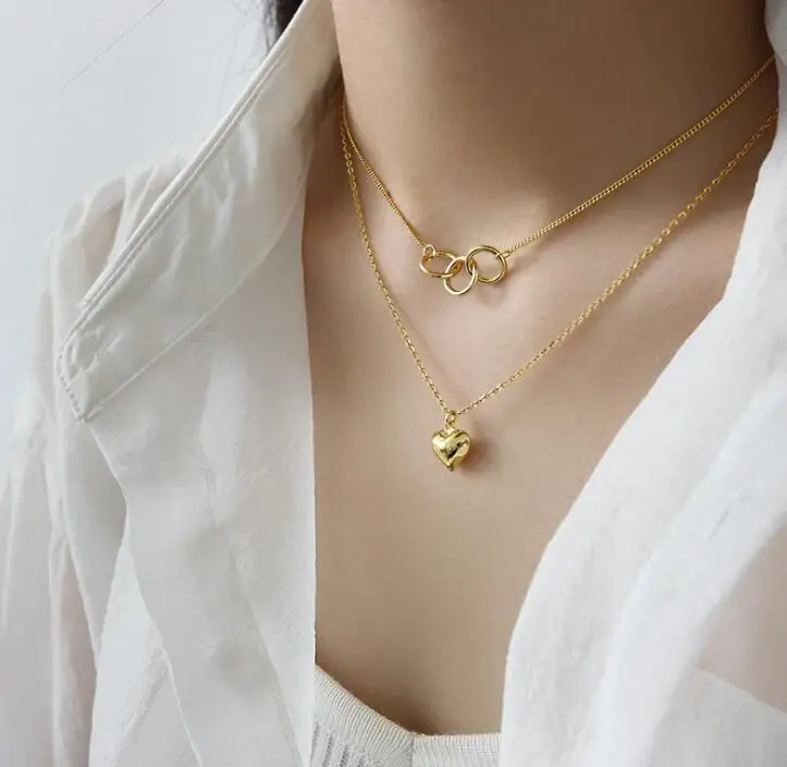 gold SHANICE стерлингового серебра 925 кулон ожерелье геометрический круг любовь сердце двухслойные для женщин ювелирный подарок для возлюбленных - Окраска металла: gold