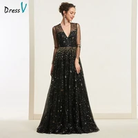 dressv black evening dress v neck a line elegant long sleeves sequins floor length wedding party formal dress evening dresses
