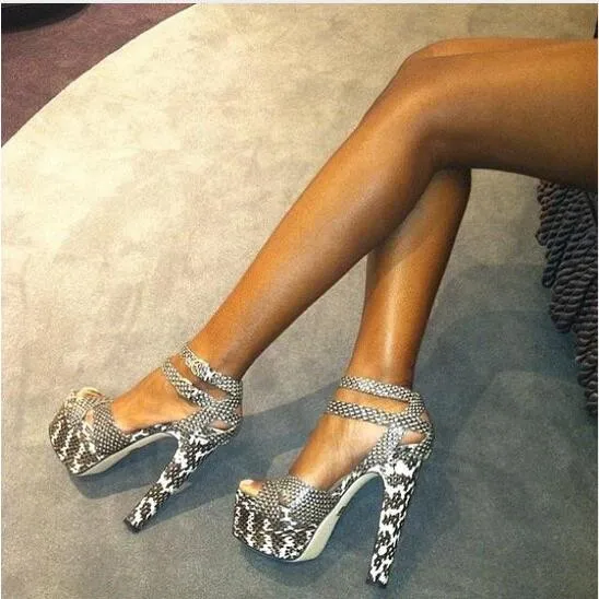 Double Ankle Strap Buckle Ladies Pumps Delicate Grey Snake Skin Print Leather High Heel Sandal Tick Platform Dress Shoes | Обувь