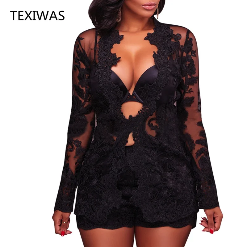 TEXIWAS Elegant Sexy 2Piece Set Women Lace Hollow perspective sets Embroidery Tops cardigan+Skinny vogue Shorts Bodycon outsuits | Женская
