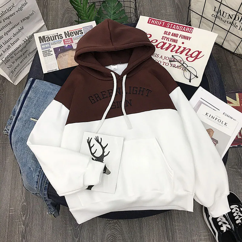 Ulzzang консервативный Стиль Письмо Вышивка Сращивание толстые толстовки Топы для