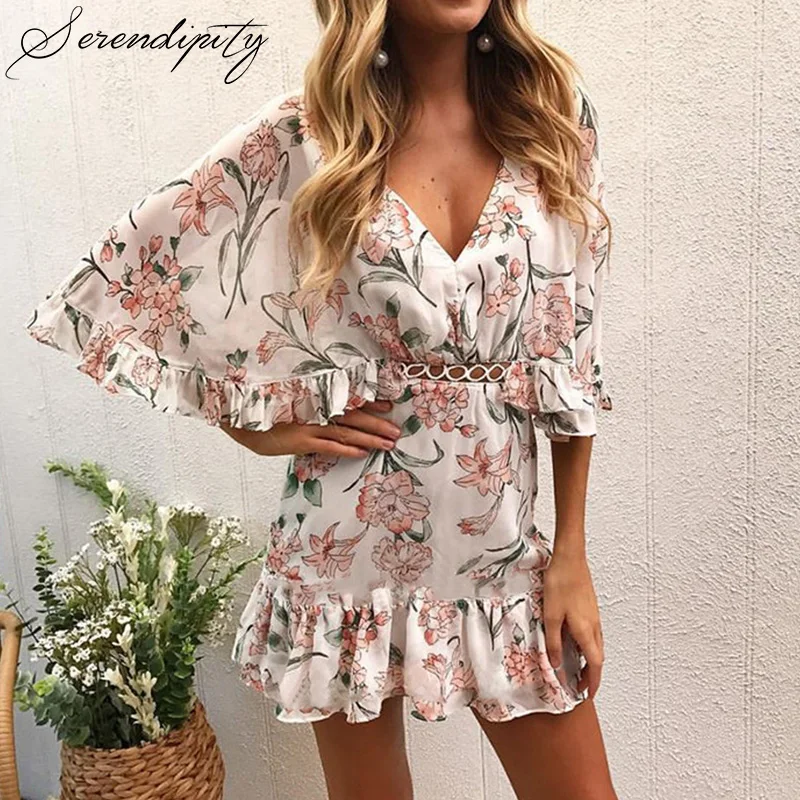 SRDP Elegant floral print women short shirt dress V neck ruffles vestidos Spring casual summer sundress sexy pink 2019 | Женская одежда