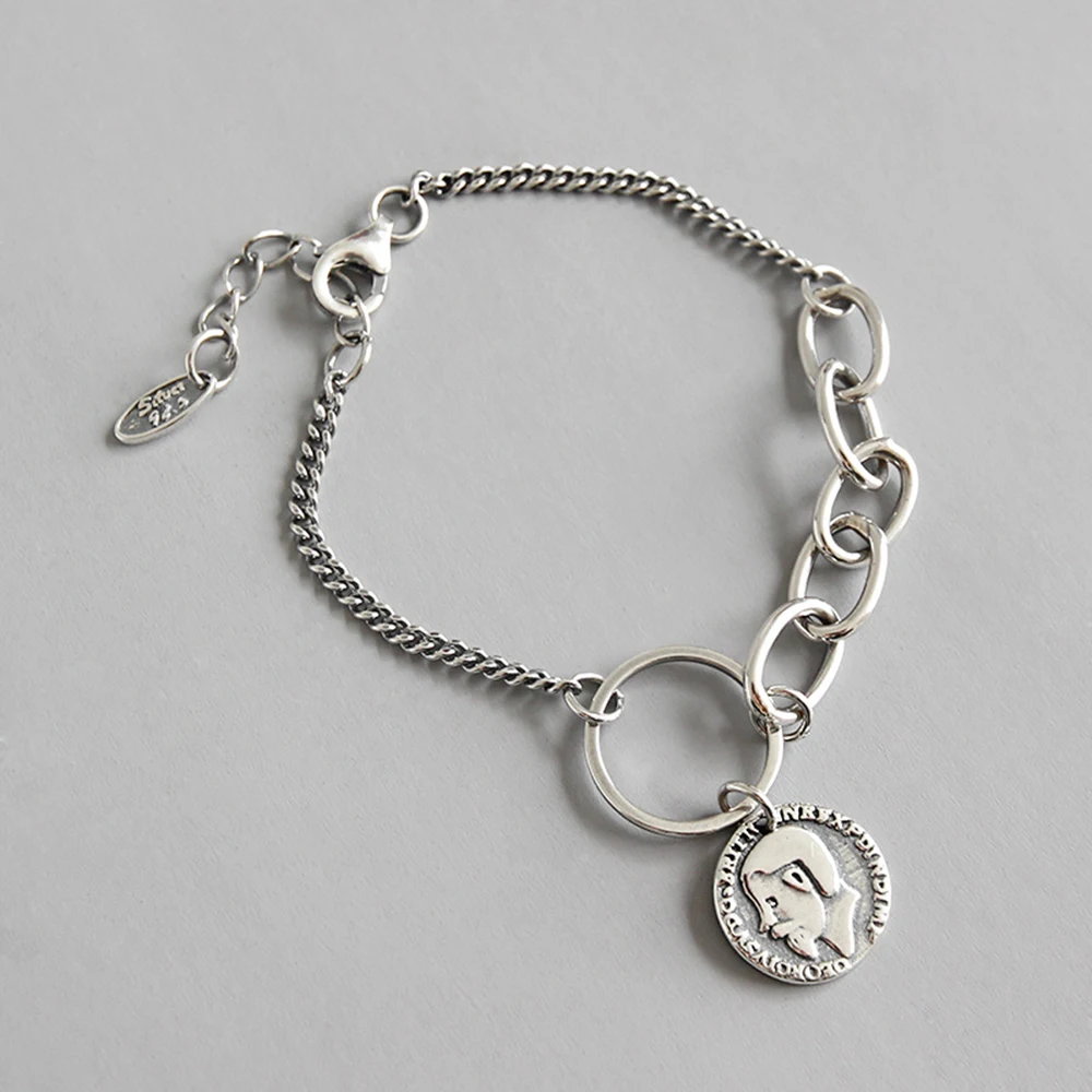 

Retro 925 Sterling Silver Round Medal Coin Bracelets For Women Vintage Wrist Curb Chain Circle Charm Bracelet Jewelry Girls Gift