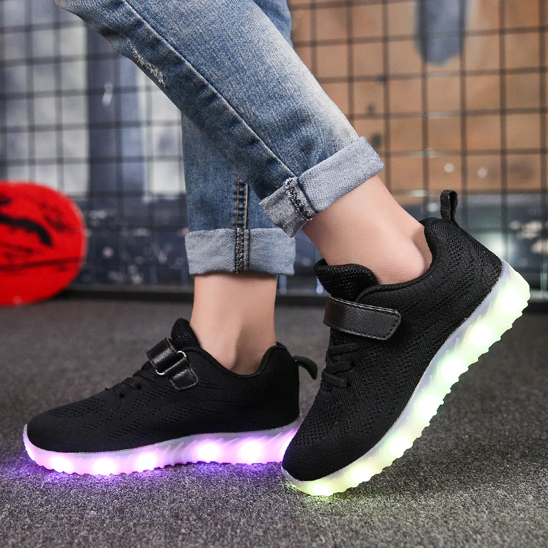 Size25-37; Детские светящиеся кроссовки с USB; светящаяся детская обувь с подсветкой; тапочки с подсветкой для девочек; обувь для мальчиков - Цвет: 026 Black