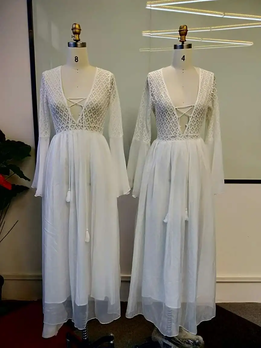 Милое женское сексуальное платье с длинным рукавом расклешенными рукавами v