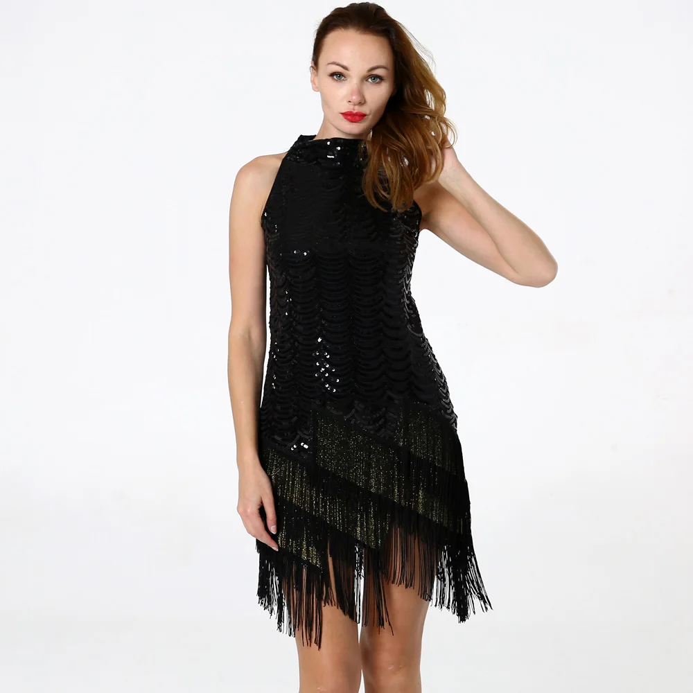 Black BLINGSTORY платья с блестками 1920s Great Gatsby блесток кисточкой одежда без рукавов Клубная платье с открытыми плечами летний халат Femme - Цвет: Black
