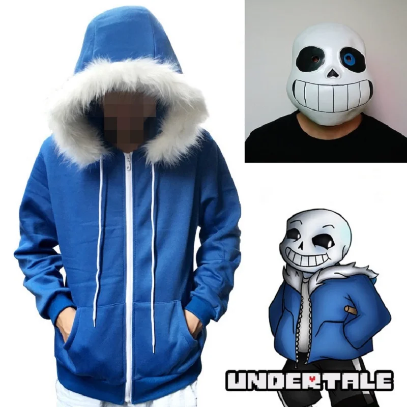 Jacket and Mask Толстовки для косплея «Undertale Sans», латексная маска, маски скелетов, синее пальто, костюмы на Хэллоуин, куртка унисекс, пальто с капюшоном, карнавальный костюм - Цвет: Jacket and Mask