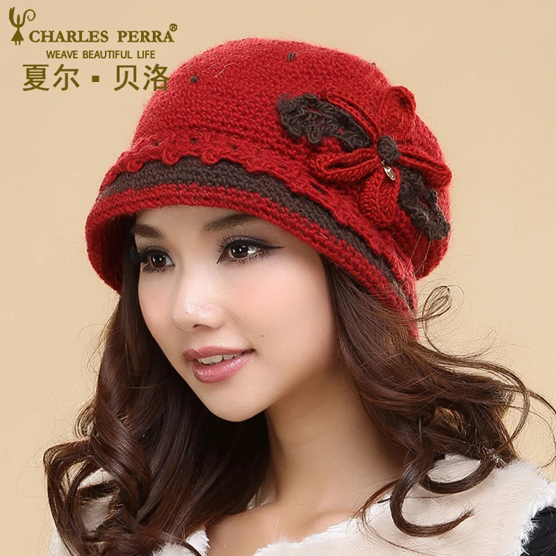 

Charles Perra Women Hats Winter Thicken Double Layer Thermal Knitted Hat Handmade Elegant Lady Casual Wool Cap Beanies NEW 3543