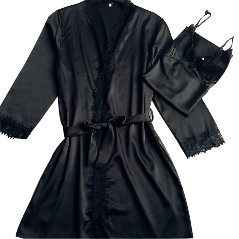 

Black 2PC Women's New Lace Robes Sets Gown Pajamas With Belt Bathrobes Long Sleeve Sleepwear Brand Nightgown M L XL XXL 011923