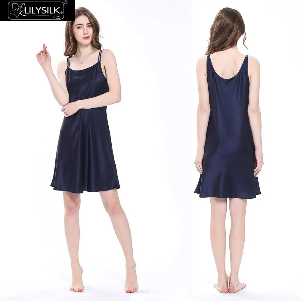 Navy Blue LilySilk ночная рубашка для девочек, женская ночная рубашка, женское мини-платье с овальным вырезом, чистый 100 шелк, 22 momme, Роскошный натуральный - Цвет: Navy Blue