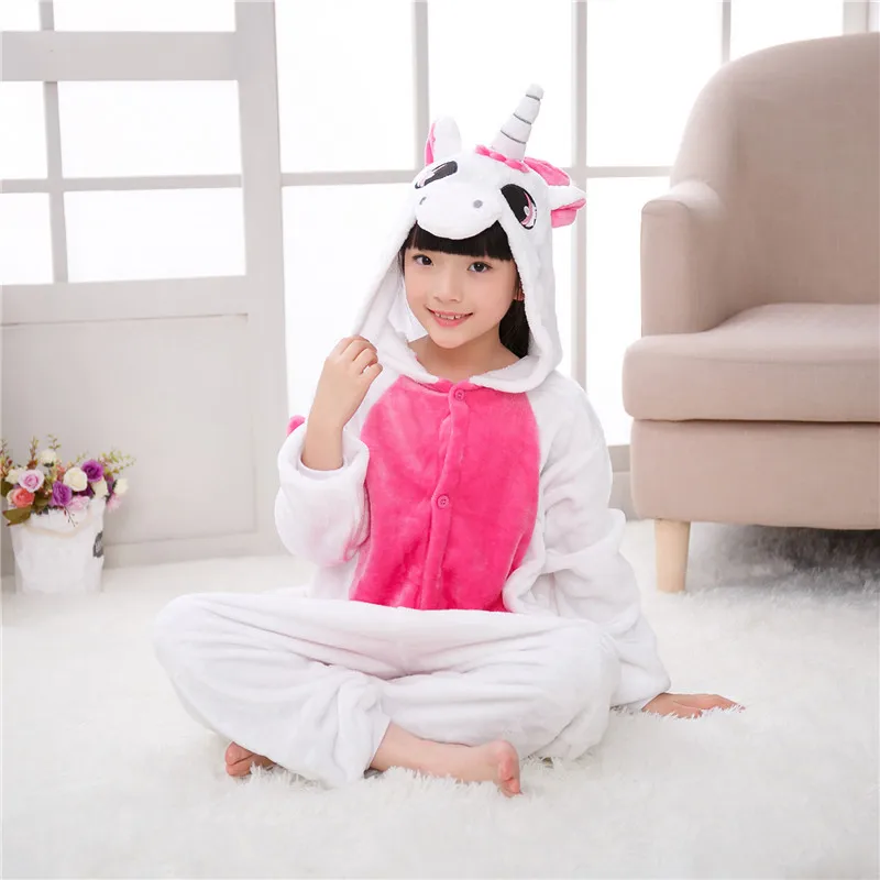 Кигуруми Дети Пижамы Для Мальчиков Девочек Пижамы Onesies Фланелевые Стежка Животных Единорог Пегас Косплей Дети Пижамы С Капюшоном Набор пикачу одежда пижамы для девочек для мальчиков домашний костюм пижамный комплект - Цвет: Unicorn Pink
