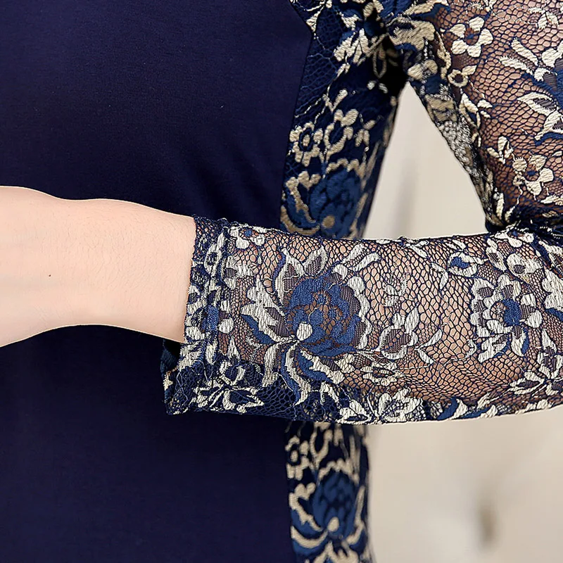 

2015 Autum Winter Women's Lace Blouse Shirts Plus Size Ladies Long Sleeve Slim Lace Cotton Patchwork Tops For Women 160F 20
