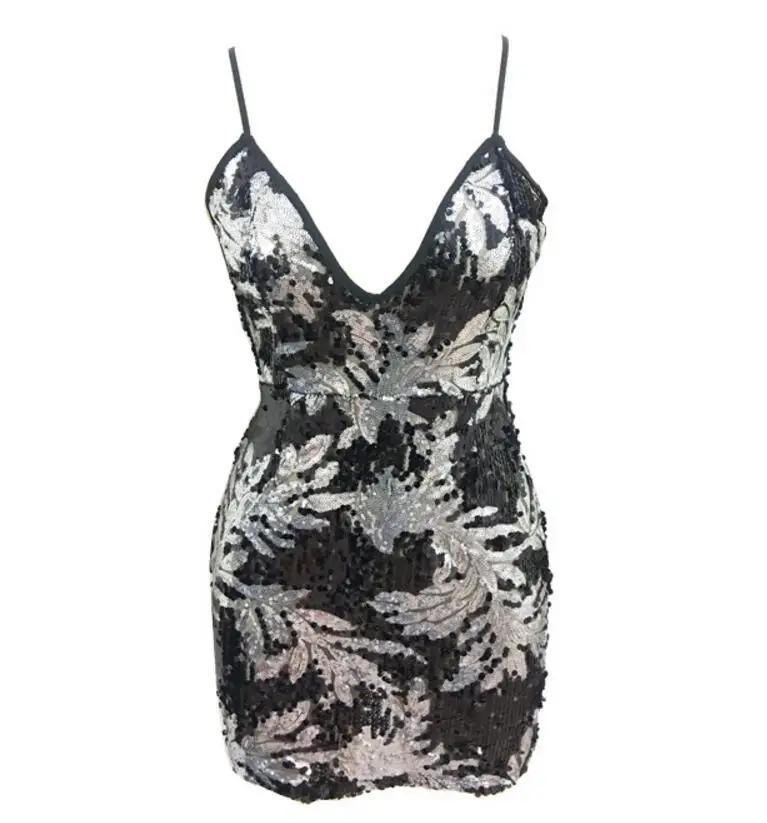 Novelty arrival high fashion festive dress female gold v-neck sleeveless sequins Autumn Green backless mini | Женская одежда