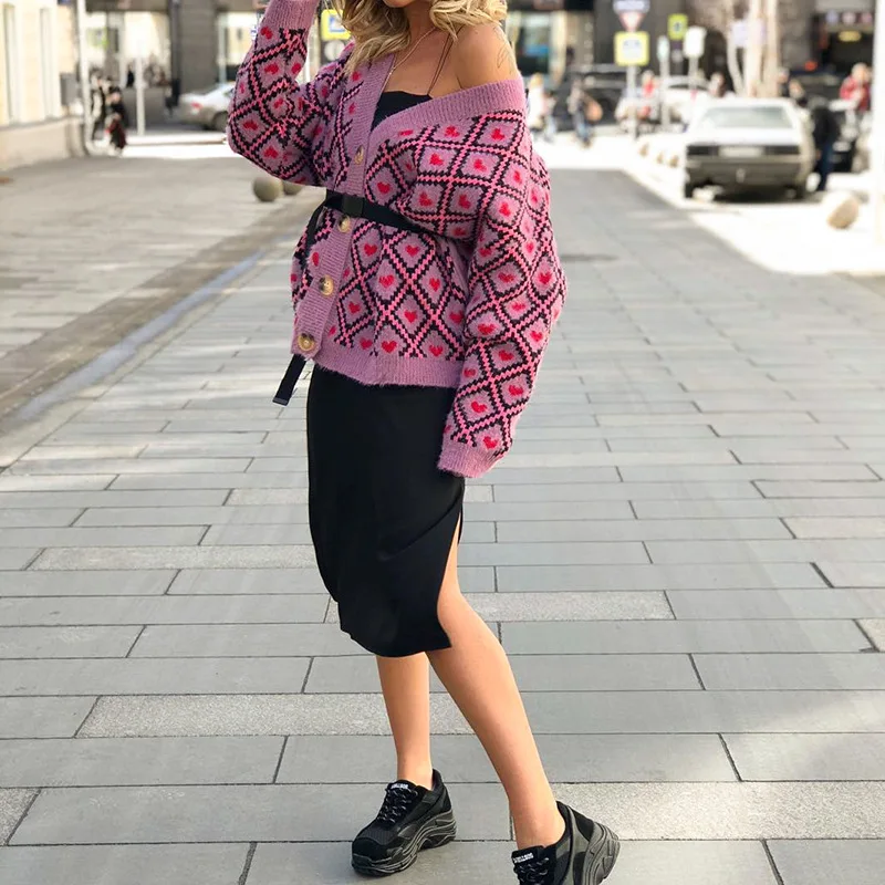 Harajuku Heart Plaid Knitted Cardigans Women 2019 Autumn Winter Solid Loose Jumper Knitwear Fashion Cozy Warm Streetwear Femme |