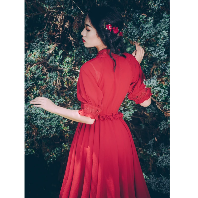 HANZANGL Новый Ретро красный Вышивка для женщин длинное платье Дубай Непал