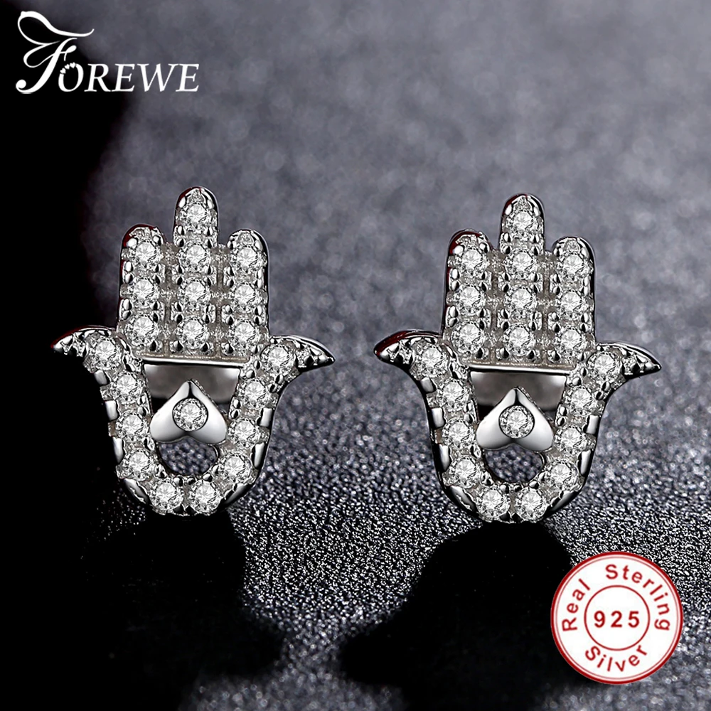 FOREWE 925 пробы серебро рука Фатимы Хамса серьги гвоздики для женщин серьги с кристаллом из циркона Серебряное сердце Lucky ювелирные изделия подарок