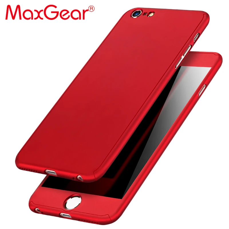 MaxGear 360 Degree Full Cover Red Case For iPhone 6 6s 7 Plus 5S 5 SE With Tempered Glass Phone Capa Coque |