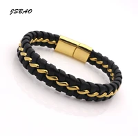 unique designer 316l stainless steel leather bracelet bangle mens gift black leather knitted magnetic clasp bracelet men jewelry