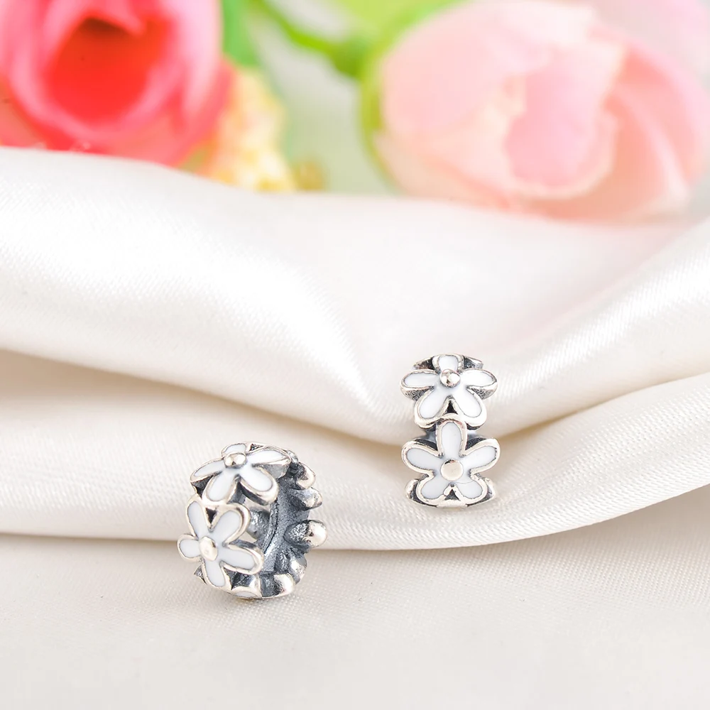 Suplush Darling Daisies Spacer Charm White Enamel Flower 925 Sterling Silver Beads Fit Original Bracelets Fine Jewelry PSMB0238 | Украшения