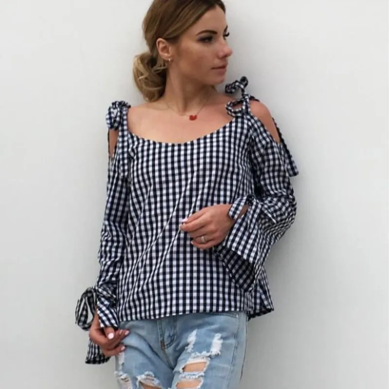 casual cold shoulder long sleeve shirt summer checkered womens tops and blouses plus size plaid shirts chemise femme haut 7511 |