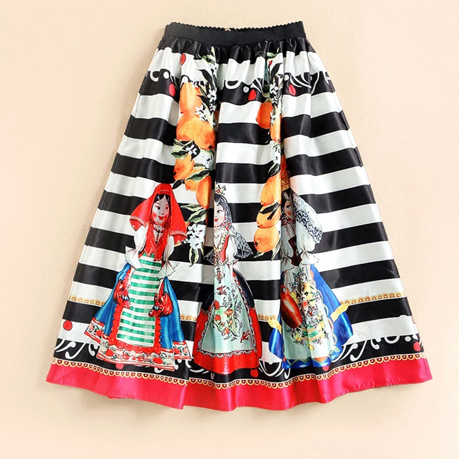 Fashion Vintage Twinsets 2018 Autumn New Long Sleeve Turtleneck Character Tops + Knee-Length Striped Dress | Женская одежда