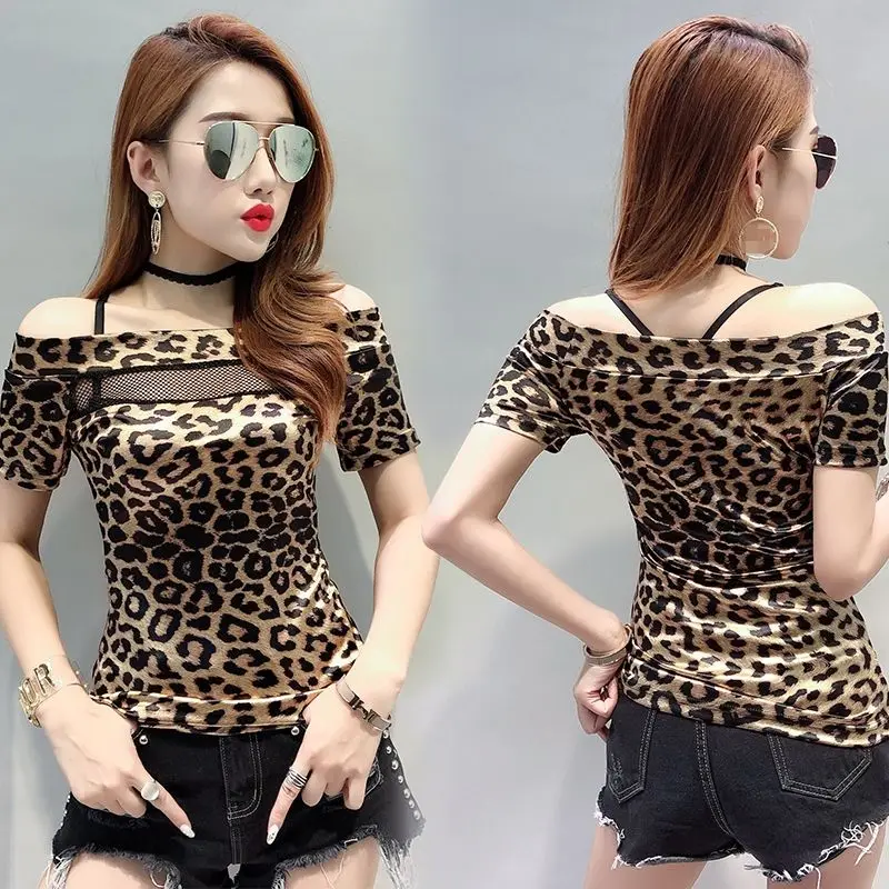 Leopard t-shirt Новая футболка Для женщин черный леопард Slash шеи сетки лоскутное открытые летние топ, футболка Mujer T95491 - Цвет: Leopard t-shirt