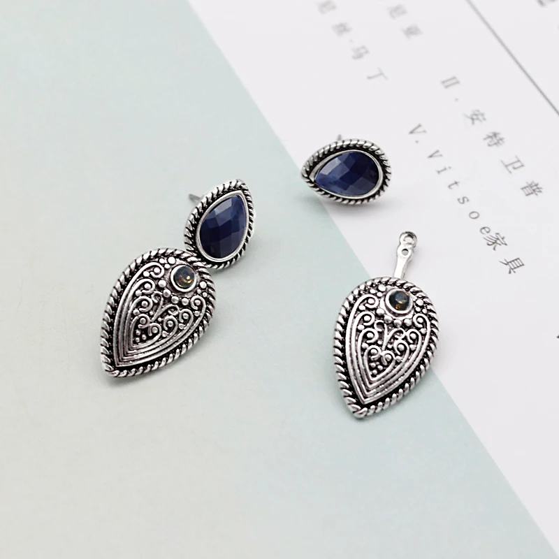 Серьги в форме капель воды серьги с резным синим камнем ретро стиле подарок для