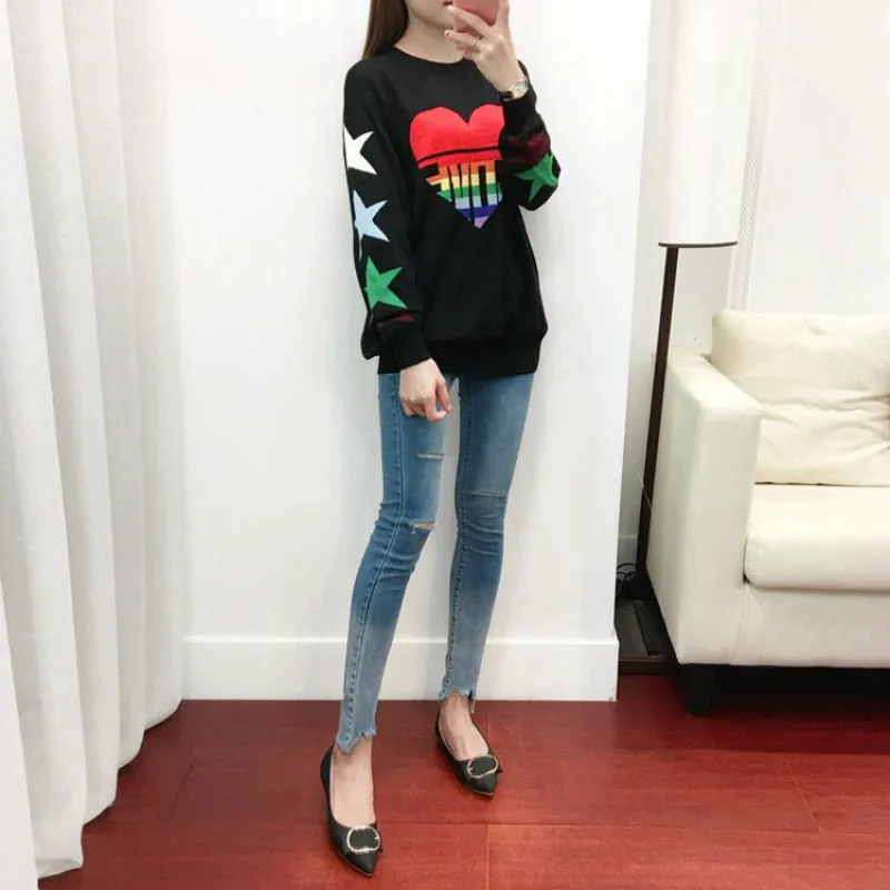 New Sweet Sweaters For Women Mid Long 2018 Autumn Jacquard Heart Love Female Loose Pullover Stars Full Sleeves Top Runway Jumper | Женская