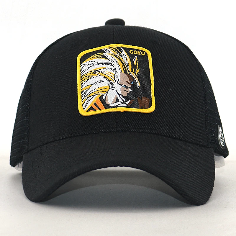 Новинка, сетчатая бейсболка Dragon Ball для лета, черная бейсболка с мультяшной вышивкой, хлопковая Регулируемая модная кепка в стиле хип-хоп