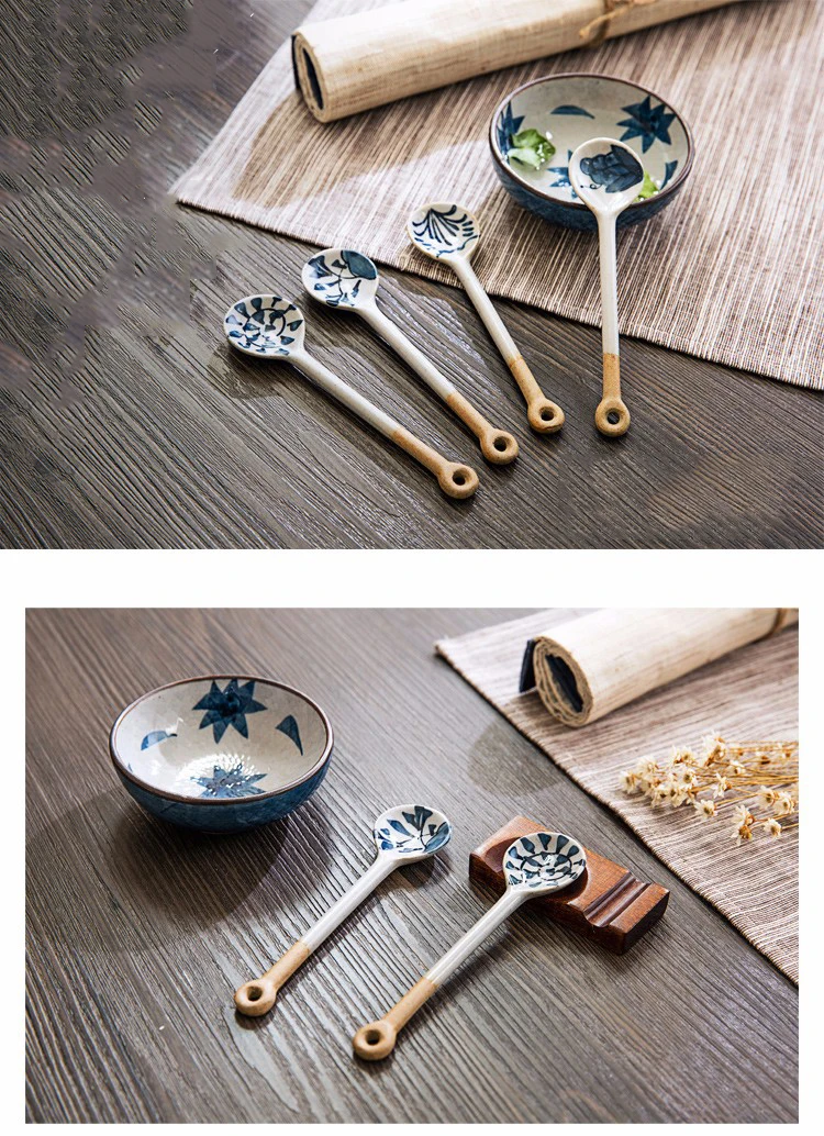 ANTOWALL 4Pcs ceramic spoon with long handle, tea coffee scoop dessert spoon blue and white porcelain spoon send random