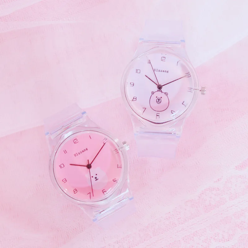 Женские прозрачные часы с милым мультяшным рисунком красивые кварцевые для