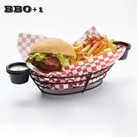 non stick coating black iron oval serving basket with 2pcs sauce cups bread salad cake hamburger chicken snack stand restaurant