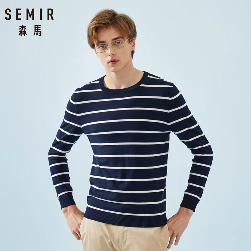 SEMIR мужской тонкий вязаный свитер, мужской полосатый пуловер, свитер с круглым вырезом и манжетами и подолом, мужские облегающие Повседневные свитера