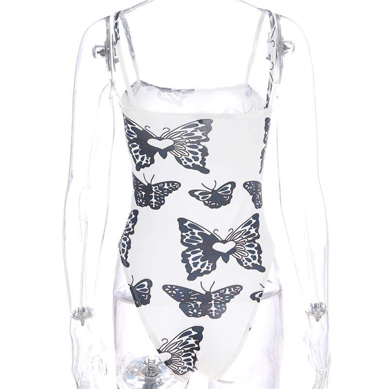 

Iamhotty Sleeveless Skinny Women Bodysuit Butterfly Printed Garter Belt Jumpsuit Backless Elegant Ladies Playsuit