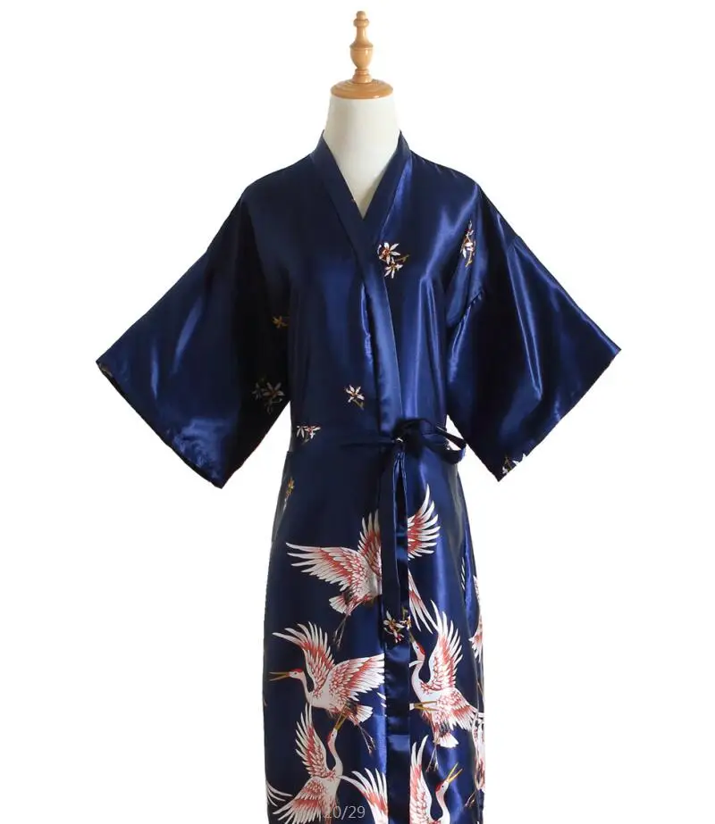 navy blue Женское ночное белье с принтом бордовый Китайский шелковый халат из вискозы платье подружки невесты сексуальный Свадебный халат кимоно Халат Один размер - Цвет: navy blue