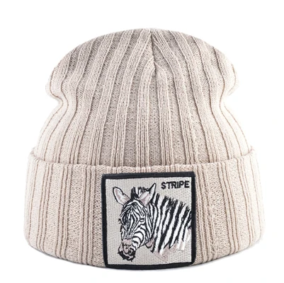 Beige Вязаные шапки бини для мужчин Осень Зима Skullies бини с вышивкой нашивка-Зебра модная вязанная шляпа для женщин хип-хоп Gorras - Цвет: Beige