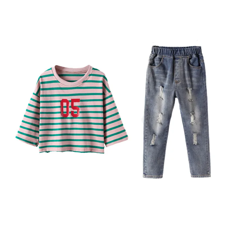 

2019 fashion Cotton striped three quarter sleeve jeans long pants girl winter fall clothes set